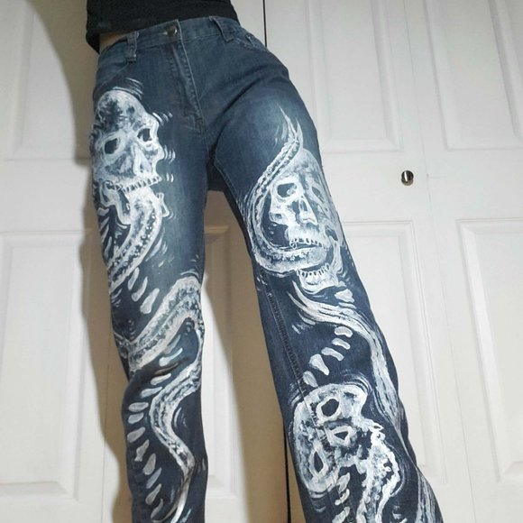 Rivet 61 Denim - Vintage Y2K goth hand-painted skulls joker skeleton high rise medium wash jeans